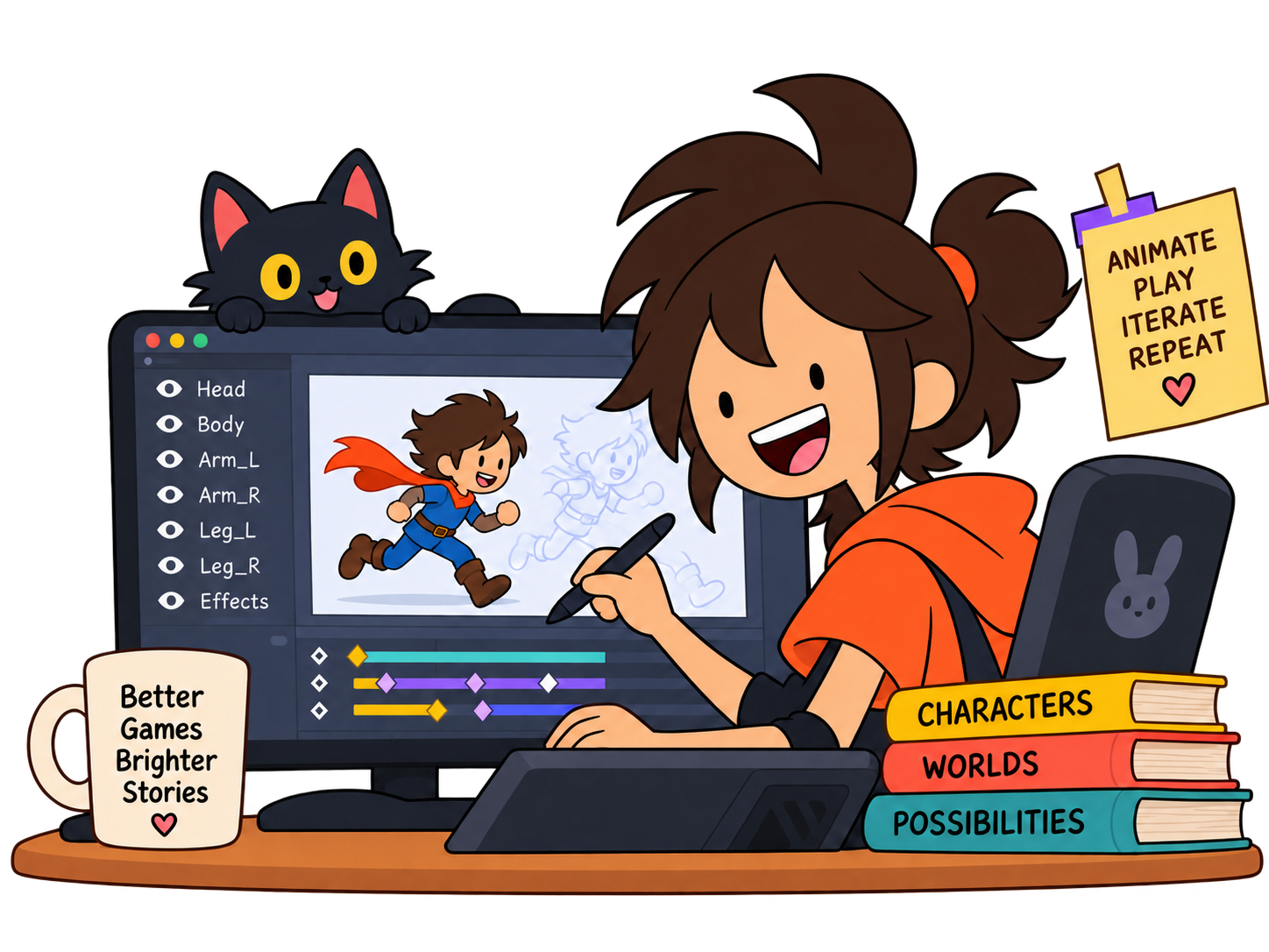 An animator brings a running game character to life, with a curious cat watching over the drawing tablet.